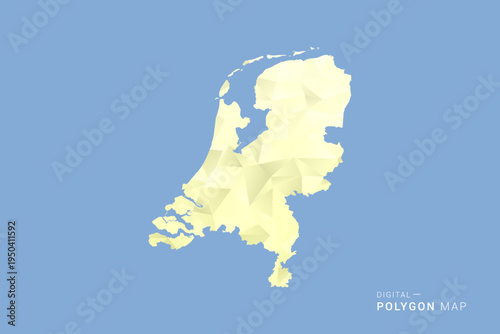 Netherlands Map in low poly polygon vector style, geometric shape illustration with soft yellow tones on blue background, clean silhouette for infographic.