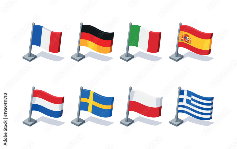 Obraz premium Collection of European country flags waving on poles in isometric 3D style