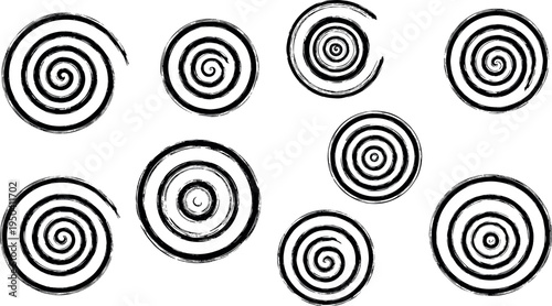 Eight black spiral shapes arranged on a transparent background