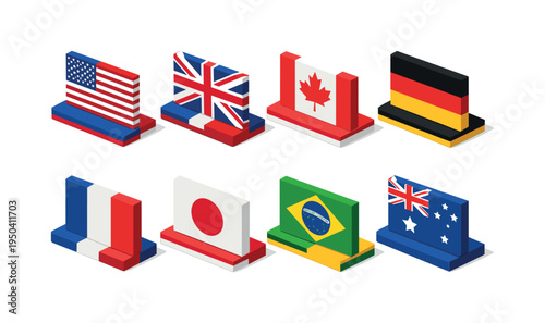Isometric flags of major world countries arranged in rows on a white background