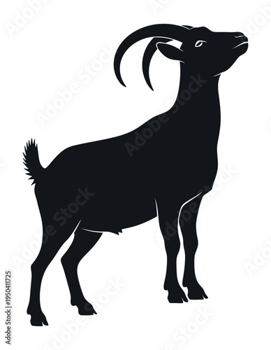 Black silhouette of a goat with large curved horns looking upwards on a white background, depicted in a side profile view.