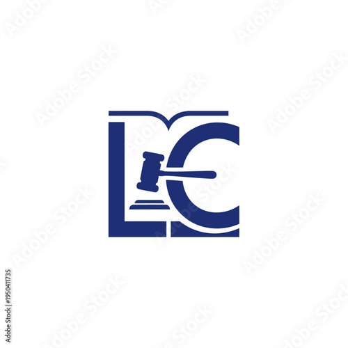 Creative blue LC letter logo combining a book and a gavel, symbolizing legal education and justice, on an isolated white background.