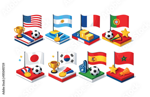 Collection of isometric soccer team emblems with trophies, medals, and fan gear