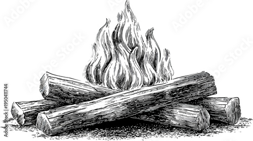 Black and white illustration depicts campfire with logs and stylized flames rising above them