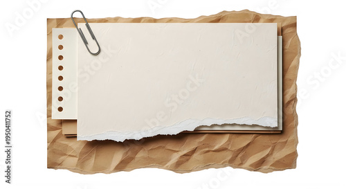 Stacked sheets of textured paper with a metal clip and ripped edges for creative note taking use