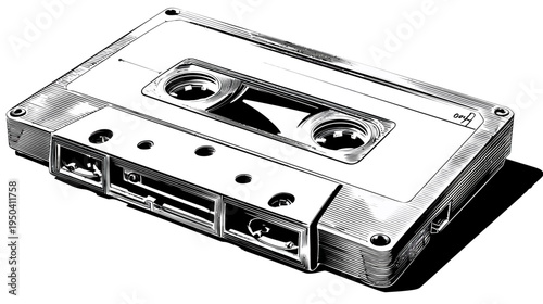 A black and white illustration of a cassette tape. It's angled, casting a shadow