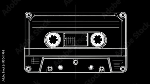A stark, white line drawing of a compact audio cassette against a black background