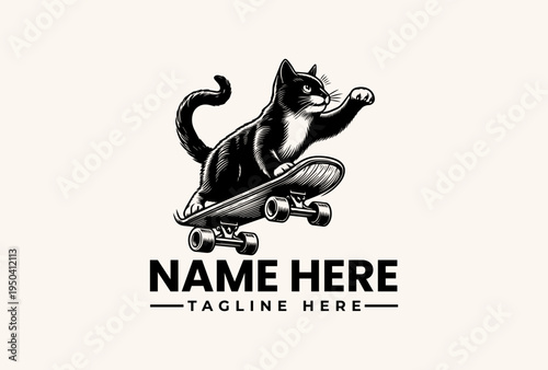 A black cat rides a skateboard in a vector illustration logo design with placeholder text on a clean background.