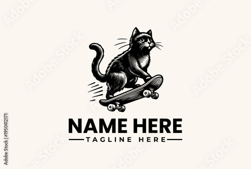 A black cat rides a skateboard in a vector illustration logo design with a tagline on a beige background.