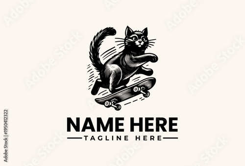 Black cat riding a skateboard in a vector illustration with bold lines and motion blur, against a clean white background with space for custom text.