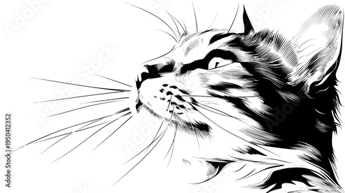 A detailed black and white illustration of a feline face, showcasing whiskers and texture