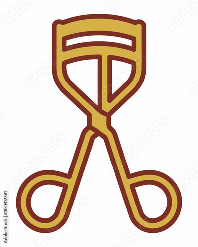 Stylized illustration of a golden eyelash curler with dark red outlines isolated on a white background