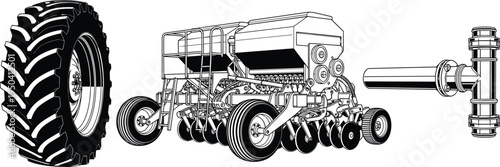 Agricultural machinery parts illustration, tractor tire seed drill planter and metal pipe connector, modern farming equipment engineering vector isolated on white
