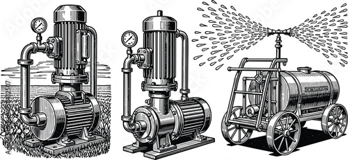 Agricultural irrigation pump and water spraying machine illustration, vintage farm equipment with pressure gauge, crop watering system engraving style vector collection
