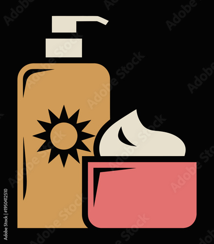 Illustration of a sunscreen pump bottle with a sun icon next to a jar of white cream, representing skincare and sun protection products.