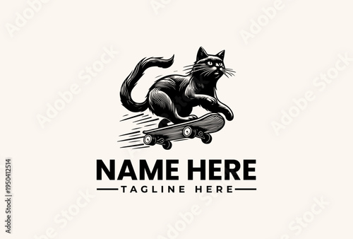 A black cat rides a skateboard in a stylized illustration with motion lines, accompanied by placeholder text for a logo or brand name on a plain beige background.