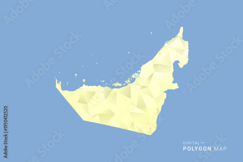 United Arab Emirates Map in low poly polygon vector style, geometric shape illustration with soft yellow tones on blue background, clean silhouette for infographic.