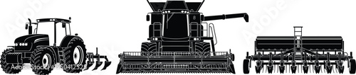 Agricultural machinery silhouettes set, tractor combine harvester and seed drill vector collection, modern farming equipment icons, rural agriculture technology illustration isolated on white
