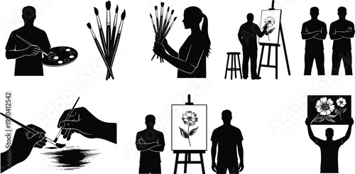 artist painting silhouette set, painter with palette brush, art tools collection, creative people illustration, easel drawing concept, art studio vector icons isolated