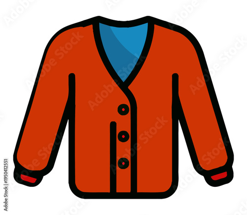Simple cartoon illustration of an orange cardigan with blue collar and three buttons.