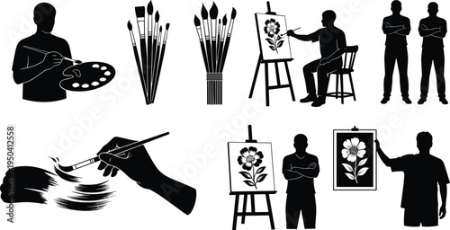 Artist painting silhouettes and brush tools set, painter with palette and easel creating artwork, creative art studio vector illustration collection