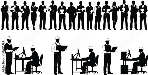 Business professionals and engineers silhouettes set, corporate team with laptops and office workers at desks, professional workplace vector illustration collection