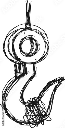 Black abstract sketch of a fishing hook with circular eye and curved barb on white background