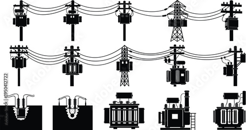 Electric power distribution silhouettes set, utility poles transformers and transmission lines icons, electricity infrastructure and energy grid vector illustration isolated on white