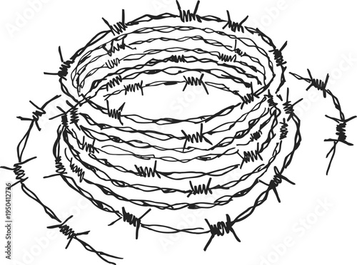 Coil of barbed wire tangled in sharp twisted metal strands, isolated outline drawing