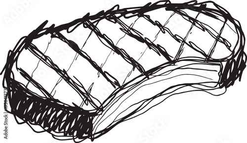 Grilled steak with sear marks, hand drawn sketch of juicy meat cut