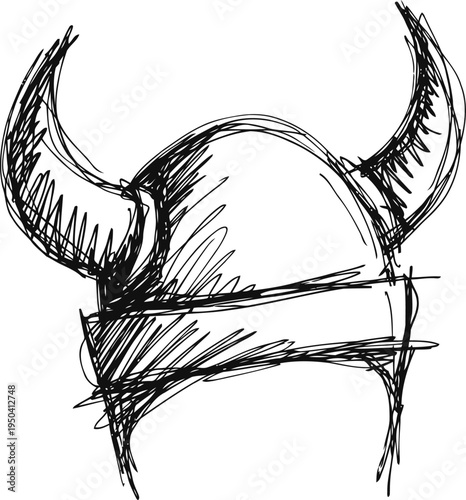 Sketch of viking helmet with horns hand drawn warrior headgear, historical norse symbol of battle and courage