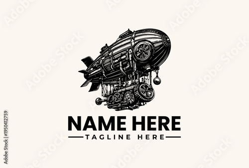A steampunk-style illustration of a zeppelin with a wheel and propeller, accompanied by placeholder text for a name and tagline on a beige background.