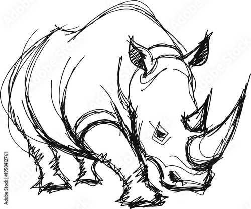 Sketch of a charging rhinoceros with prominent horns in dynamic motion, hand drawn animal illustration