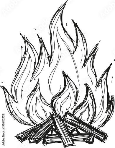 Hand drawn campfire flames burning wood logs sketch illustration in black ink lines