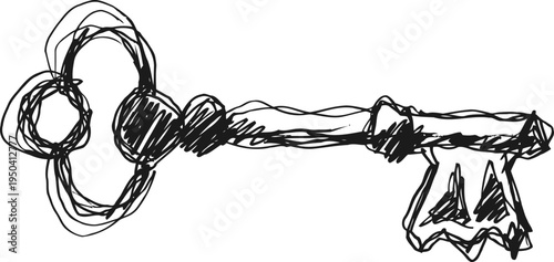 Hand drawn vintage skeleton key illustration old rusty metal antique door key sketch