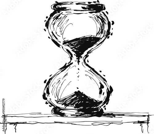Hand drawn hourglass sketch with sand flowing through narrow waist symbolizing time and patience