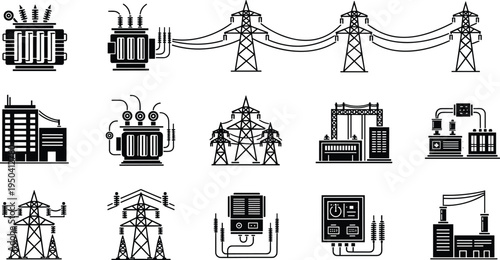 Electric power grid and transformer icons set, transmission towers, substations and electrical infrastructure symbols for energy industry vector illustration collection