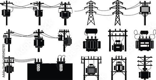 Electric power transformer and transmission tower silhouettes set, utility pole distribution equipment, high voltage electrical grid infrastructure vector illustration collection