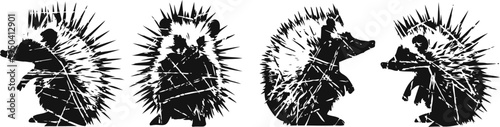 four black silhouettes of porcupines in different poses with raised quills, side view illustrations