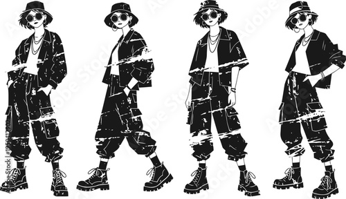 silhouette fashion models wearing casual urban outfits with bucket hats and boots