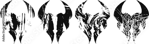 Abstract black and white buffalo skull silhouettes set tribal animal art with textured distressed effect on white background