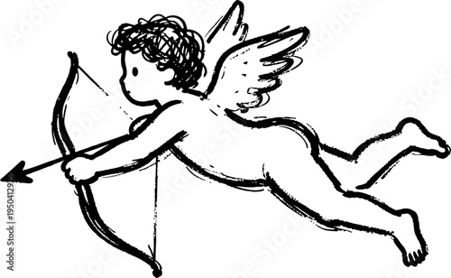 Cupid with bow and arrow flying cherub angel with wings aiming for love and romance symbol