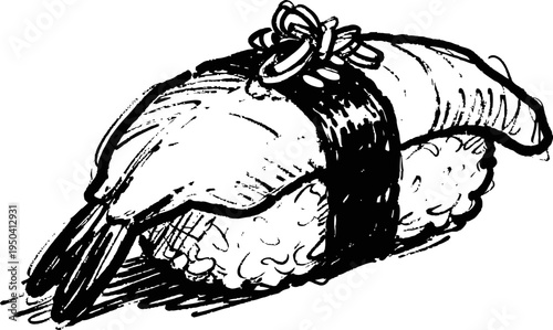 Hand drawn sushi nigiri with shrimp topping and decorative bow on seaweed