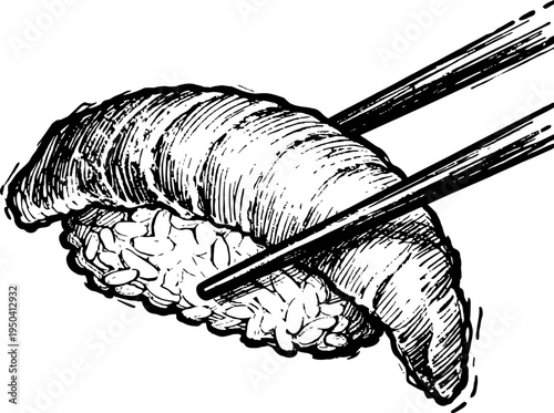 Hand drawn nigiri sushi with chopsticks traditional japanese rice and fish food illustration