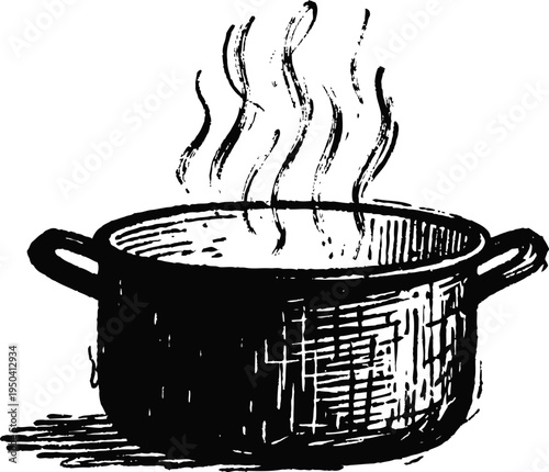 Steaming cooking pot with handles boiling hot food, hand drawn vintage kitchenware illustration
