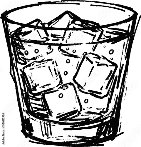 Glass with ice cubes in water, transparent cold refreshment beverage illustration
