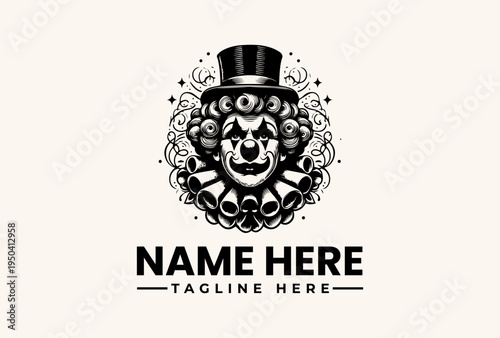 A black and white illustration of a lion's face wearing a top hat, surrounded by ornate designs, with a placeholder text for a name and tagline on a cream background.