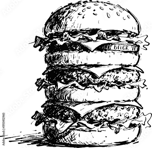 Triple layered cheeseburger with lettuce and tomato in sesame seed bun hand drawn illustration