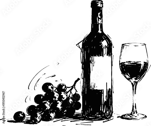 Wine bottle with glass and grape bunch illustration elegant beverage concept for dining and celebration