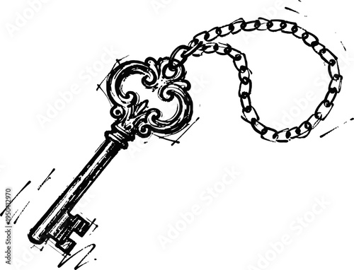 Vintage ornate key with decorative bow and long chain sketch in black and white